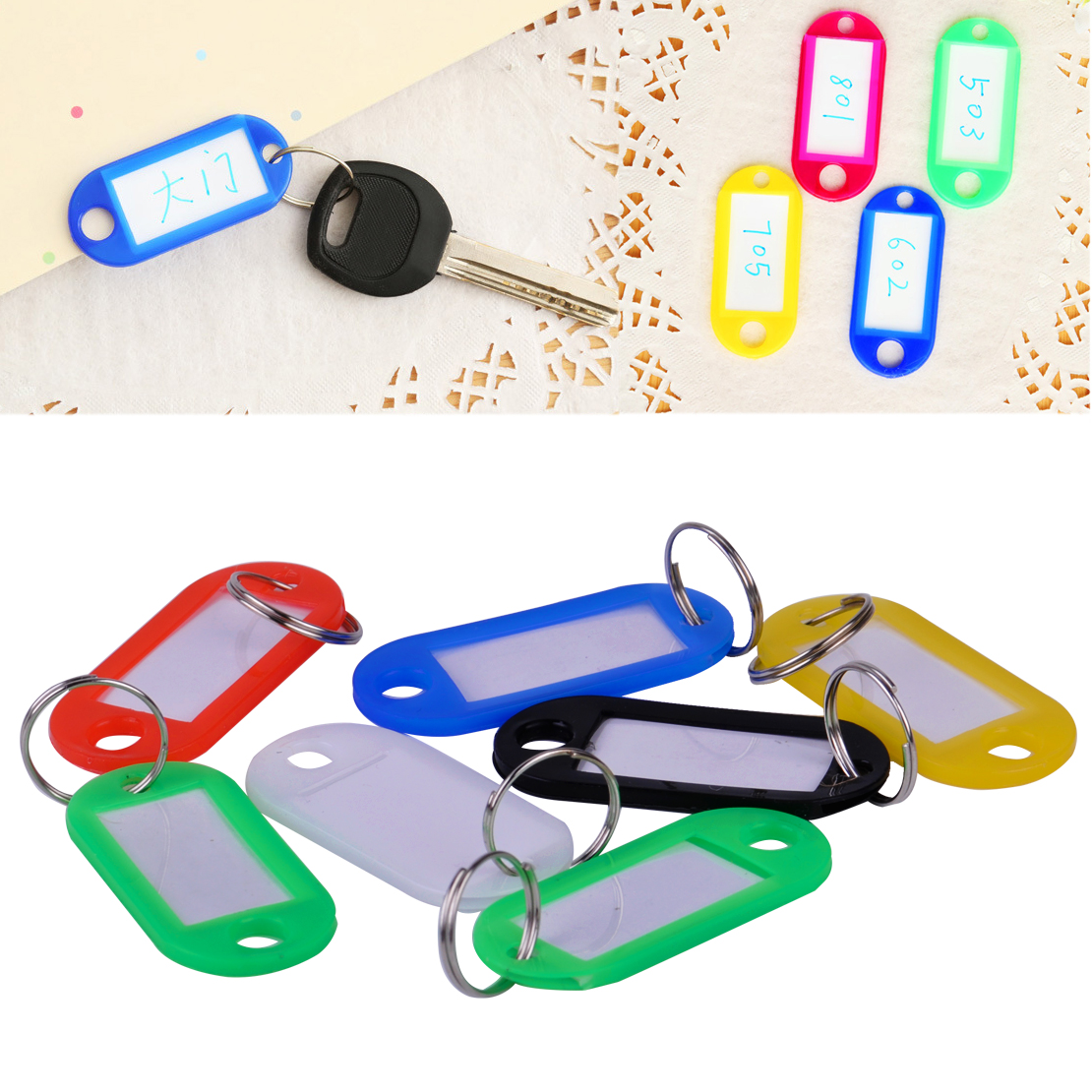 100PCS Plastic ID Name Card Label Key Tag Split Ring Keyring Keychain ...